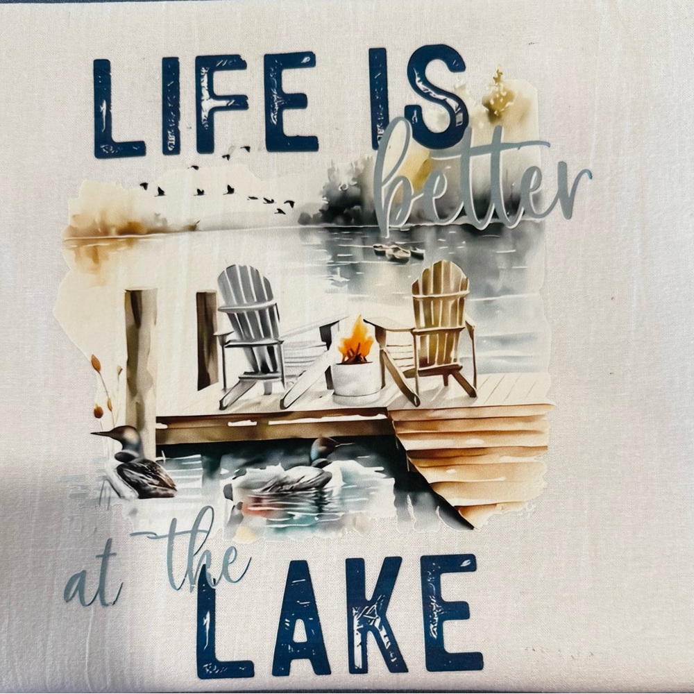 Life is Better at the Lake Themed Deluxe Tea Towel with Adirondack Chairs